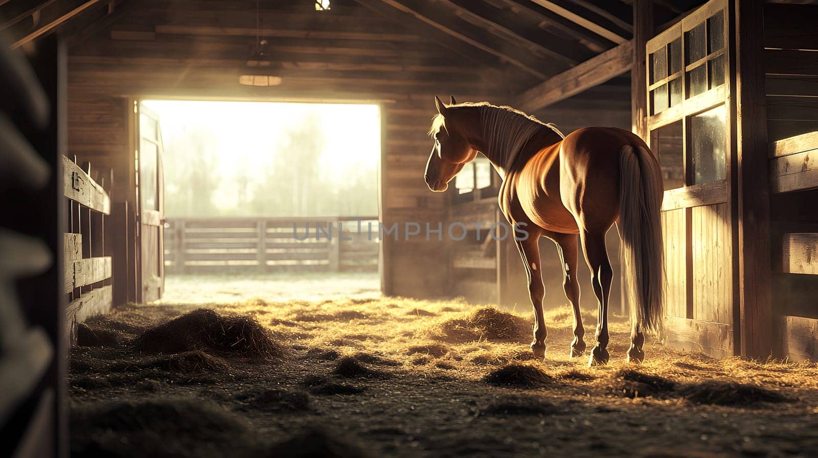 A horse stands in a sunlit barn filled with hay.