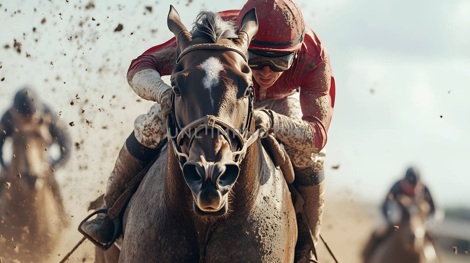 A jockey racing a horse on a muddy track during a competition.