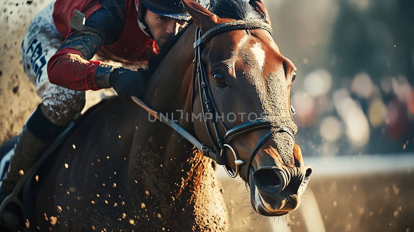 A jockey racing on a horse, kicking up dirt in a competitive event.