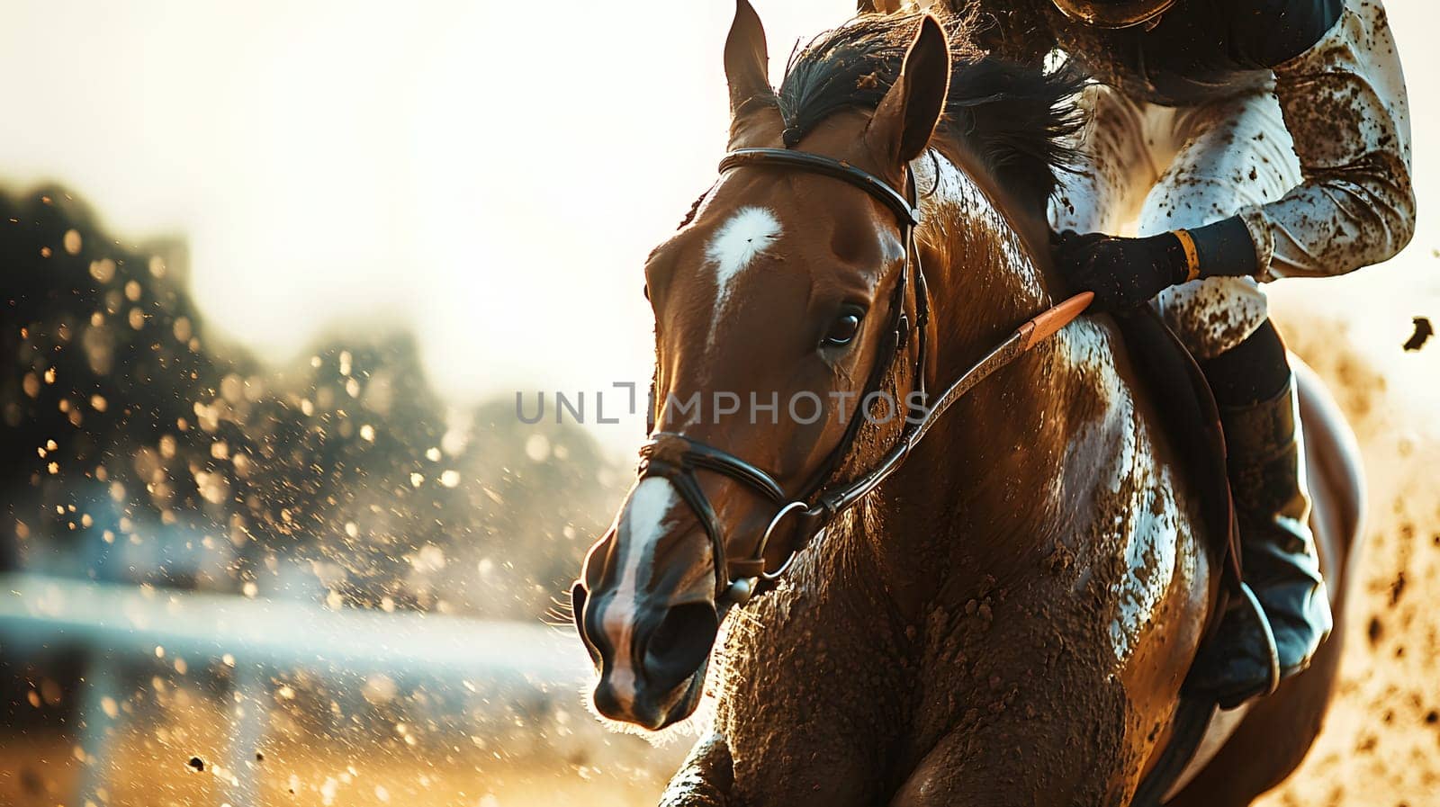 A jockey riding a muddy horse during a race, capturing the action.