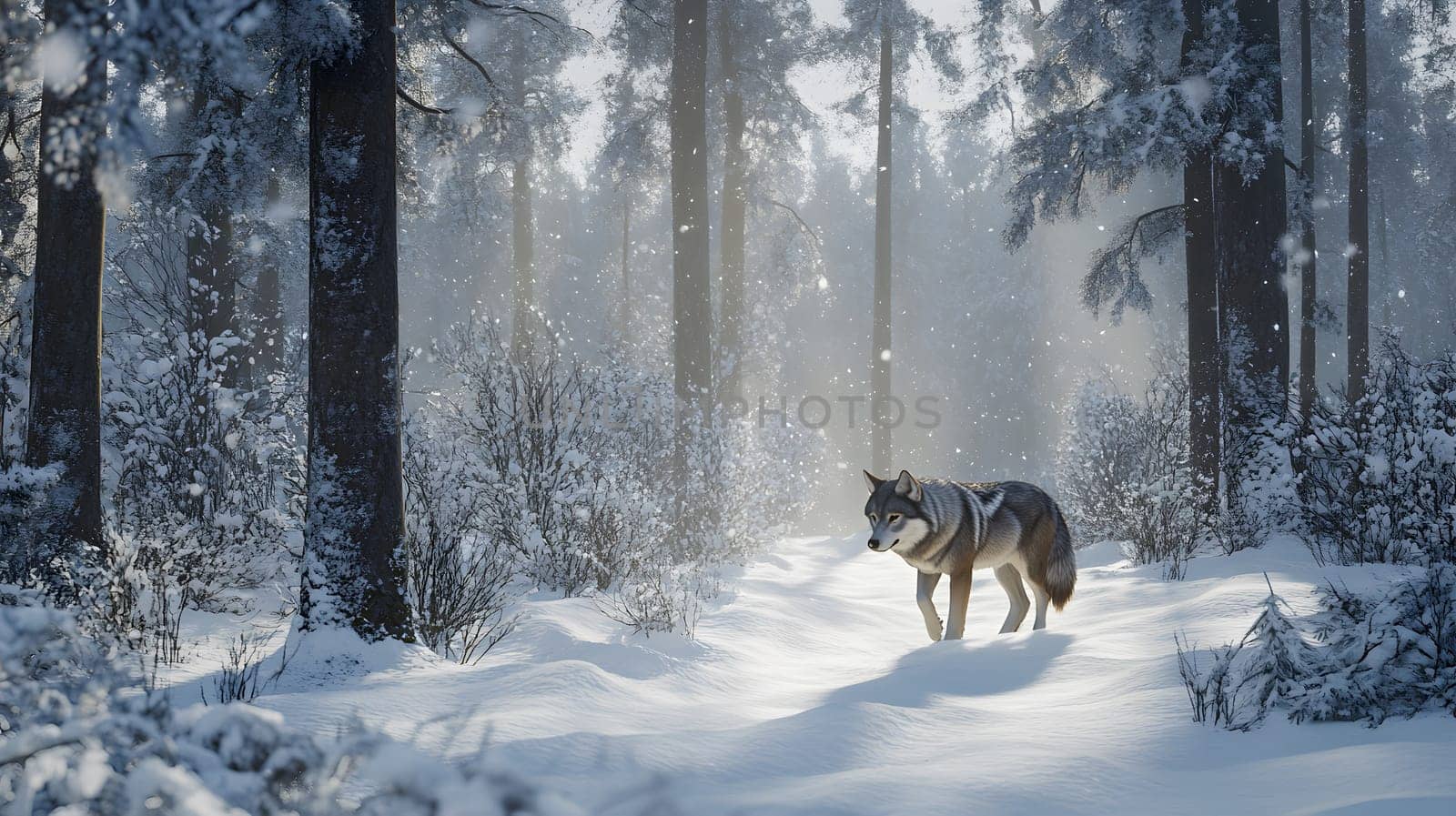 A lone wolf stands in a snowy forest, surrounded by tall trees.
