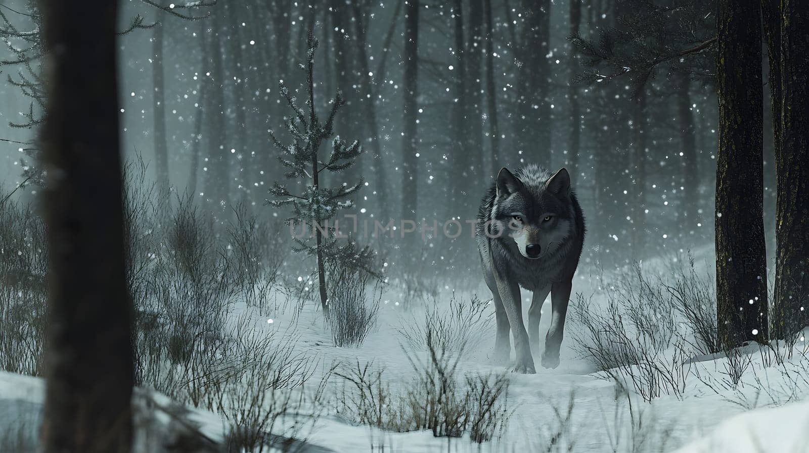 A lone wolf walks through a snowy forest in a serene winter landscape.