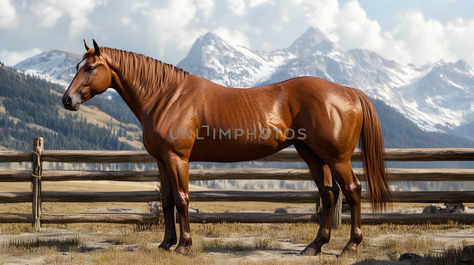 A majestic horse stands in a scenic mountainous landscape.