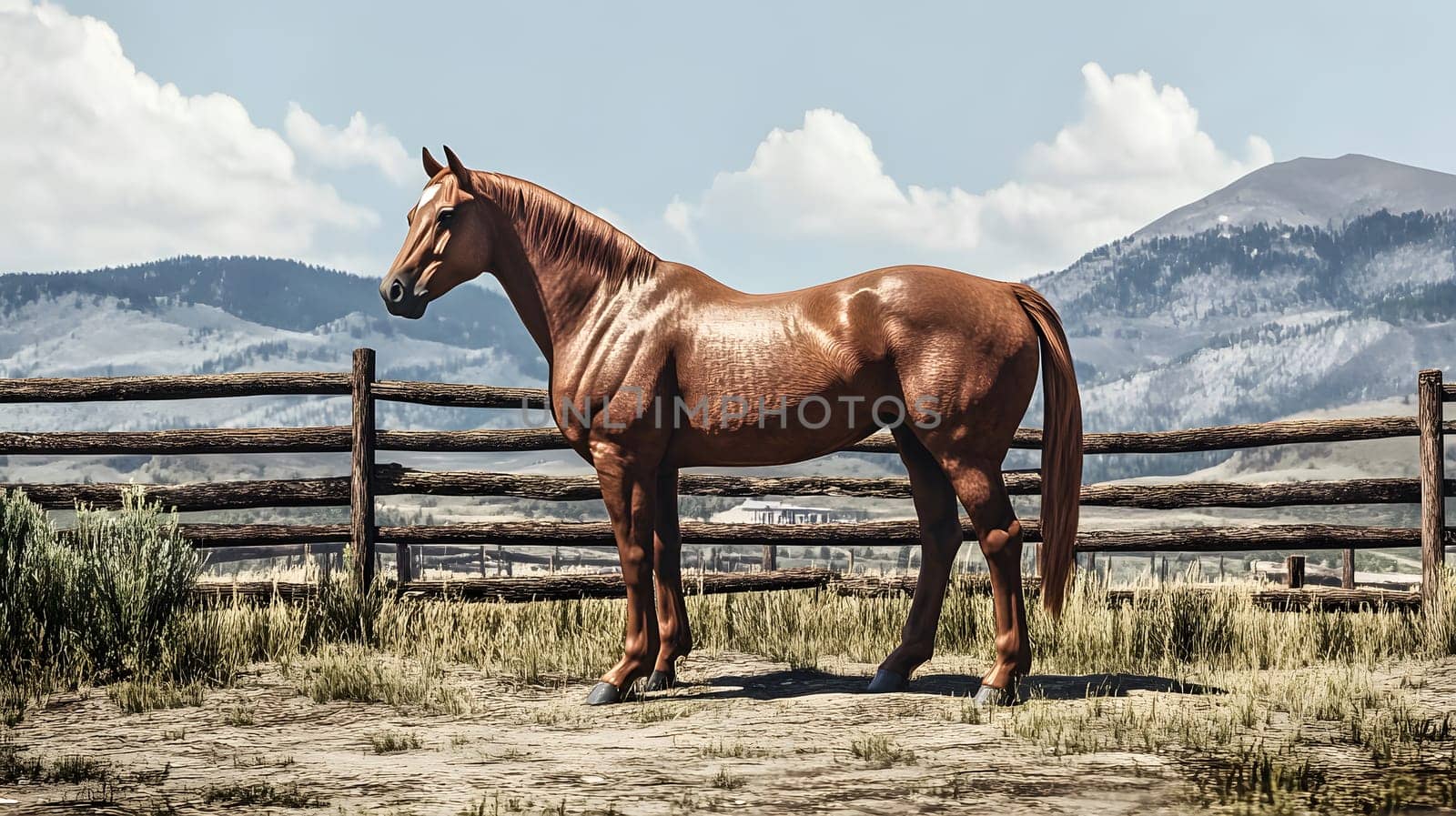 A majestic horse stands in a natural landscape with mountains.
