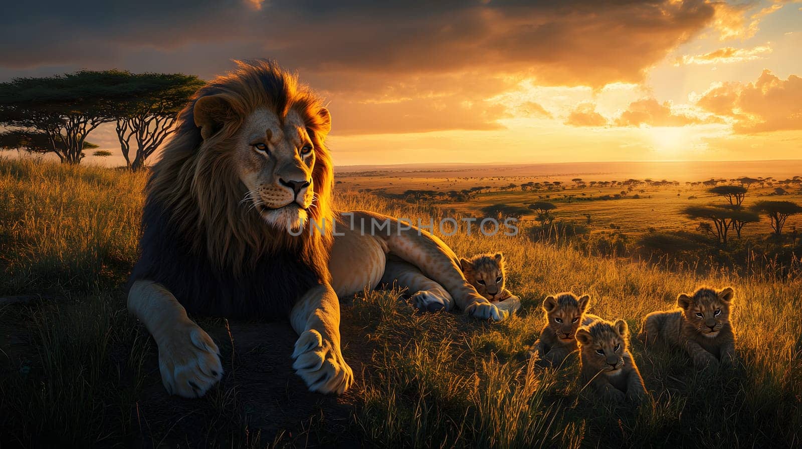 A majestic lion rests with its playful cubs at sunset in the savannah.