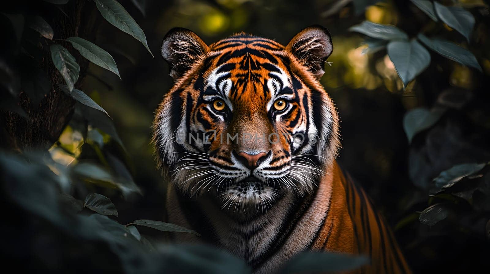 A majestic tiger gazes through lush jungle foliage.
