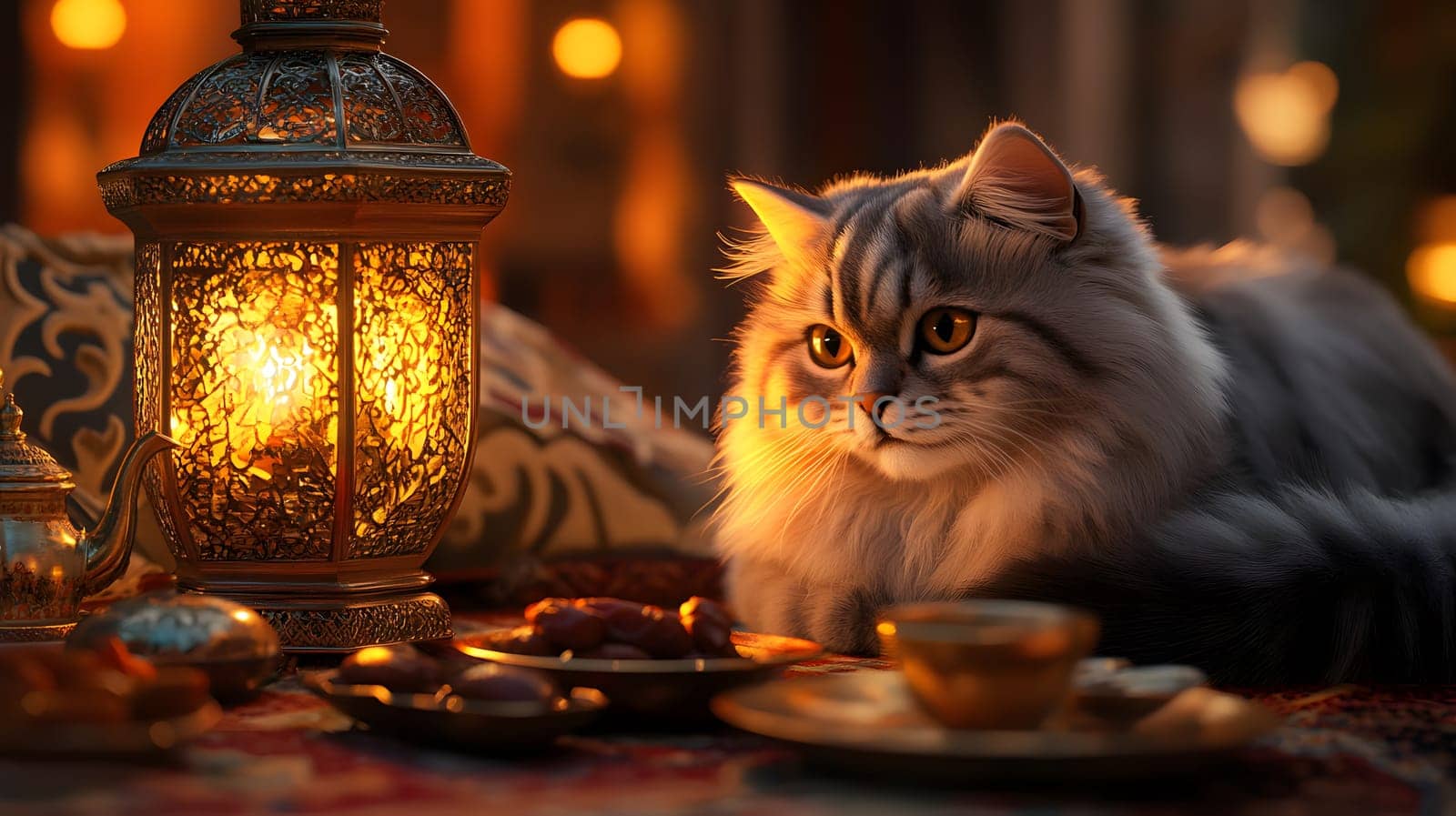 A serene cat beside a glowing lantern and traditional dishes.