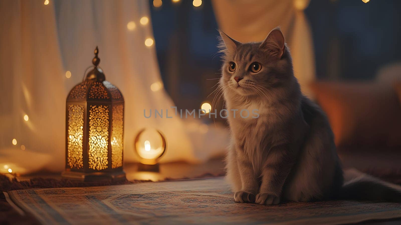 A serene cat sits beside glowing lanterns in a cozy setting.