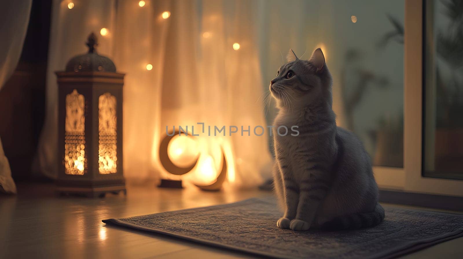 A serene cat sits on a rug, illuminated by soft, warm lights.