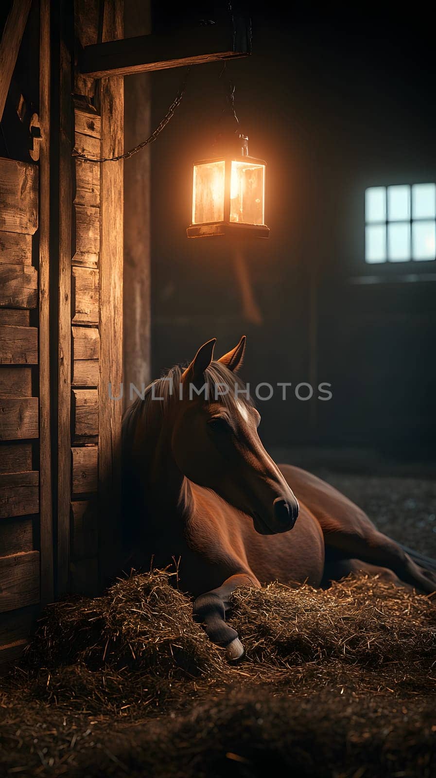 A serene horse resting in a dimly lit barn.