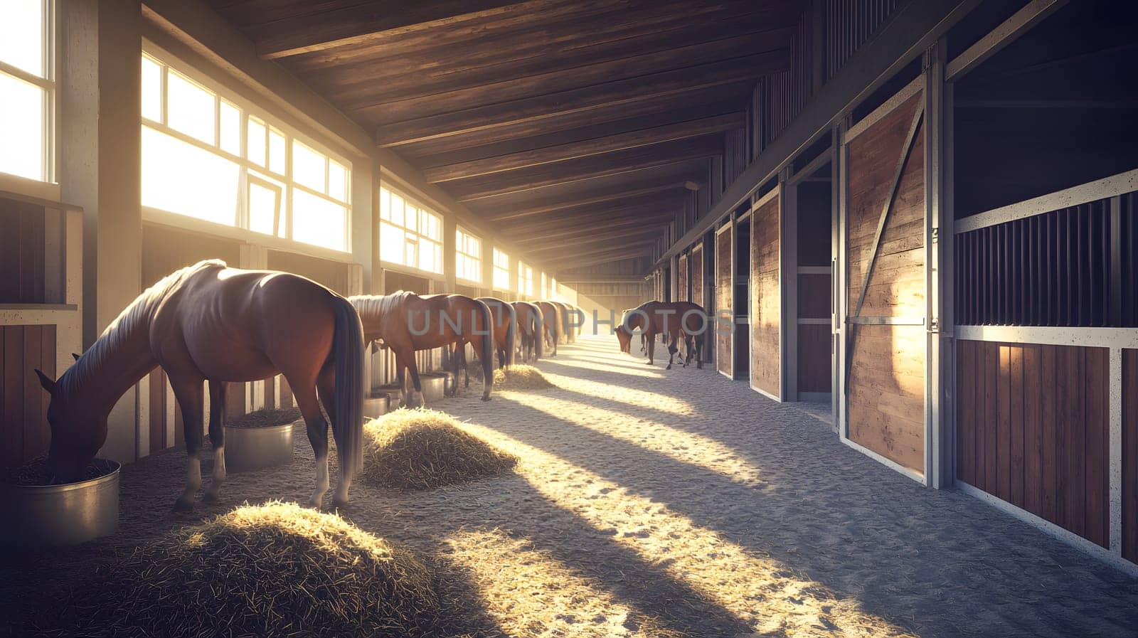 A serene horse stable with horses feeding and warm sunlight streaming in.