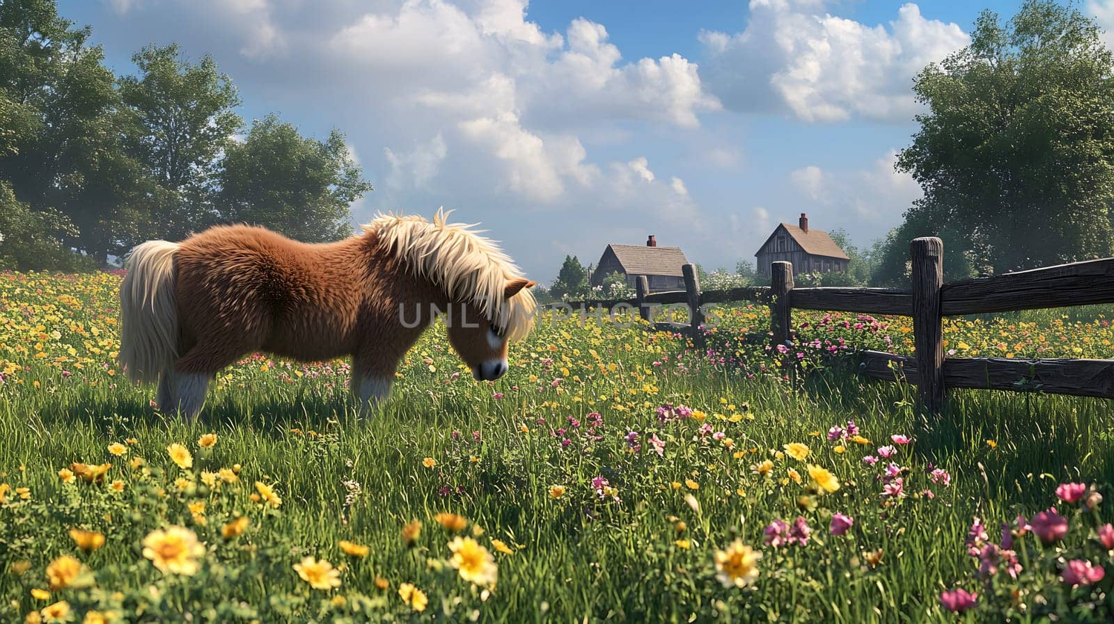 A serene pony grazing in a colorful flower-filled meadow.