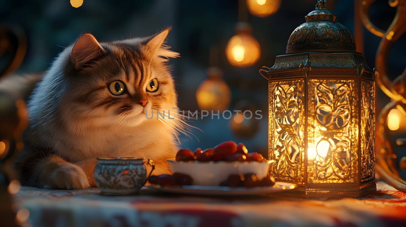 A serene scene featuring a cat beside a lantern and dessert.