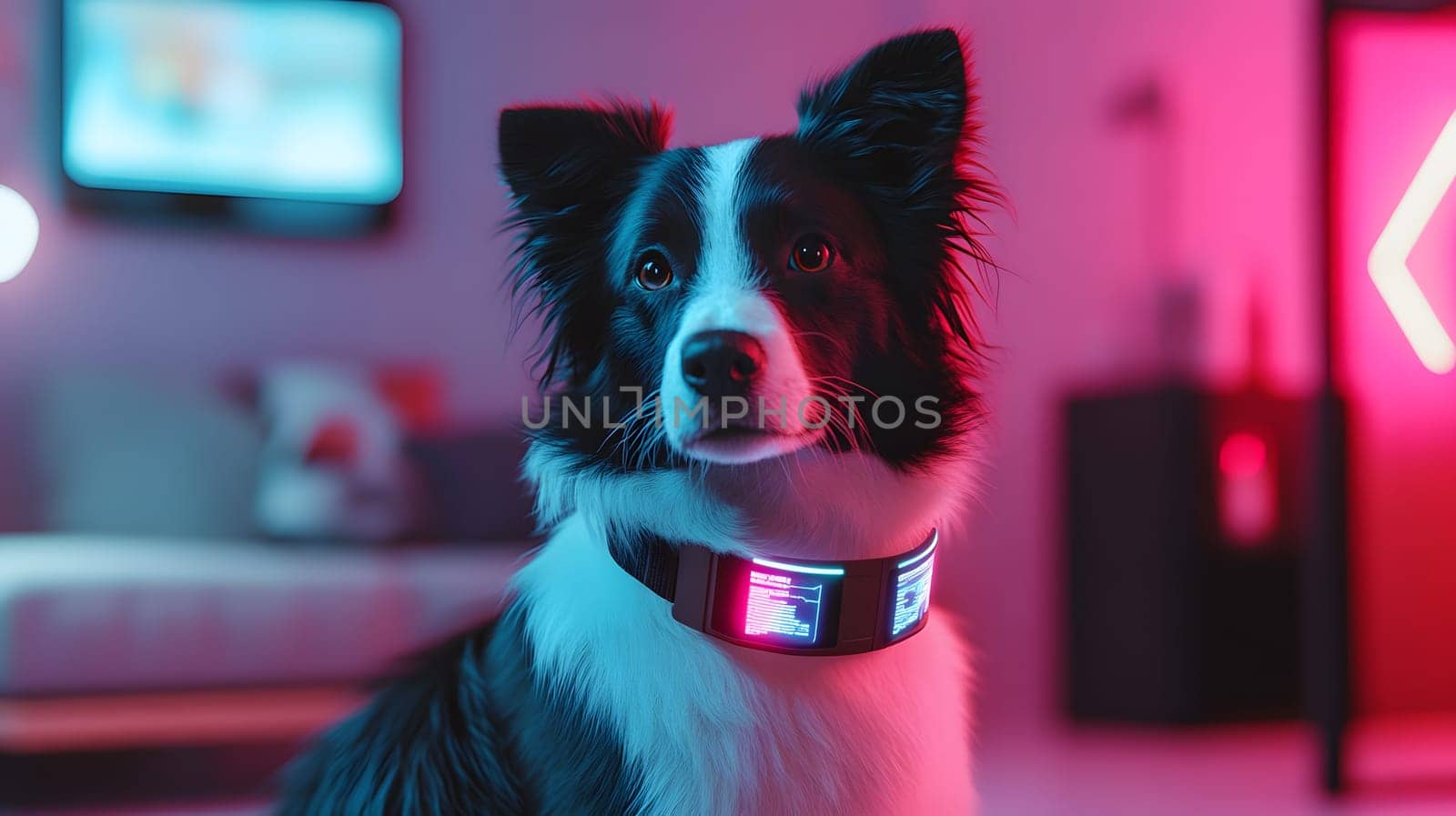 A stylish dog wearing a glowing collar in a colorful room.