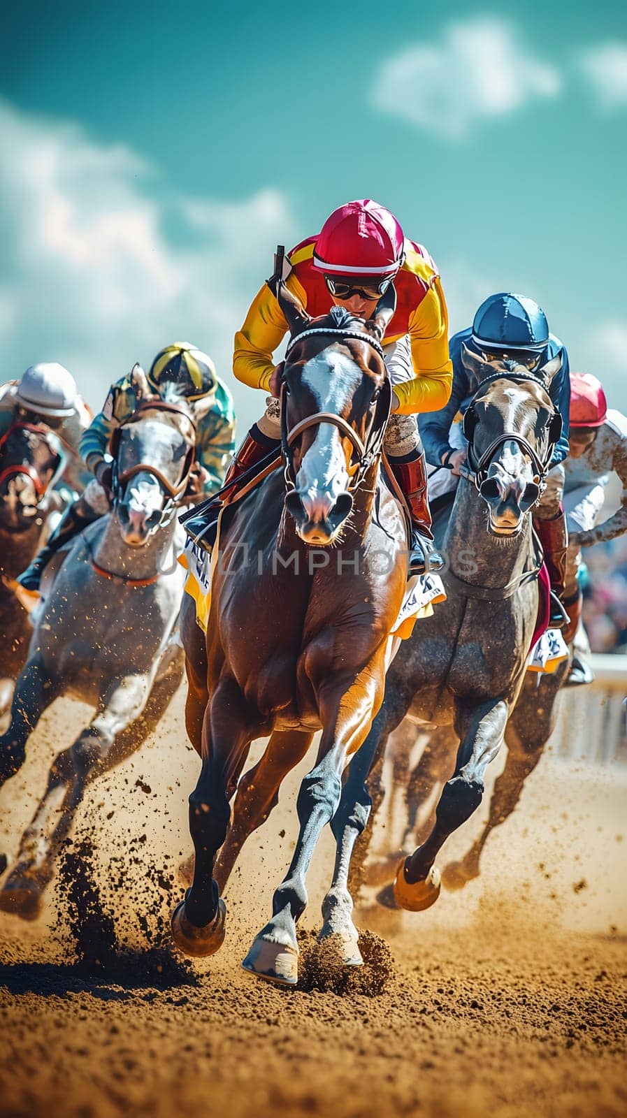 A thrilling horse race with jockeys competing on a dirt track.