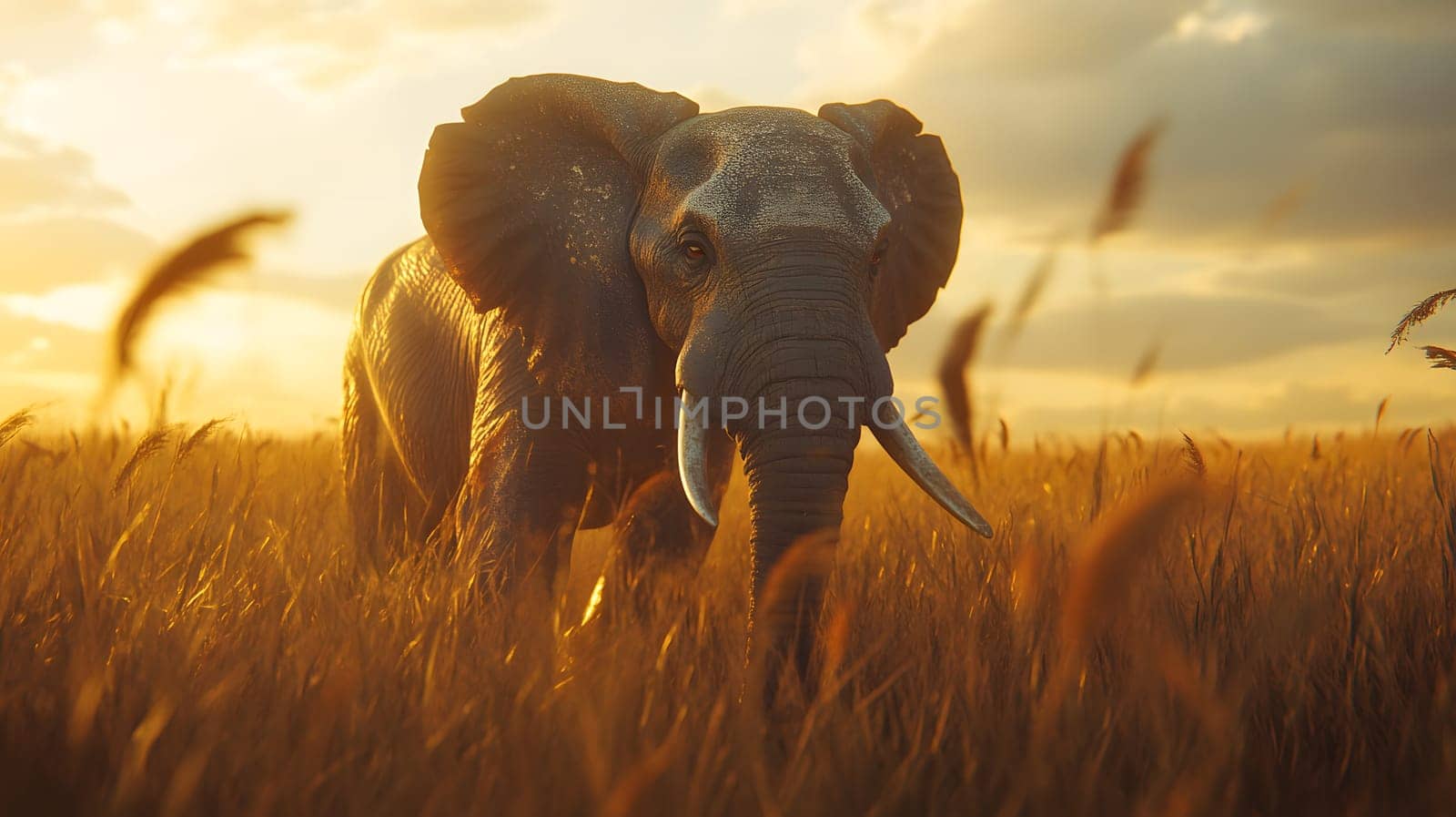 An elephant walking through tall grass at sunset.