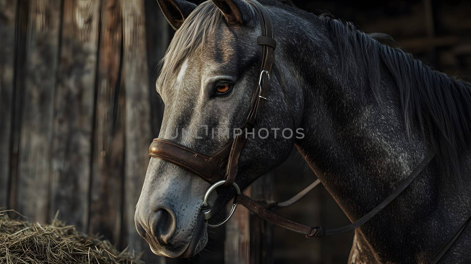 Close-up of a gray horse with a bridle in a rustic setting.