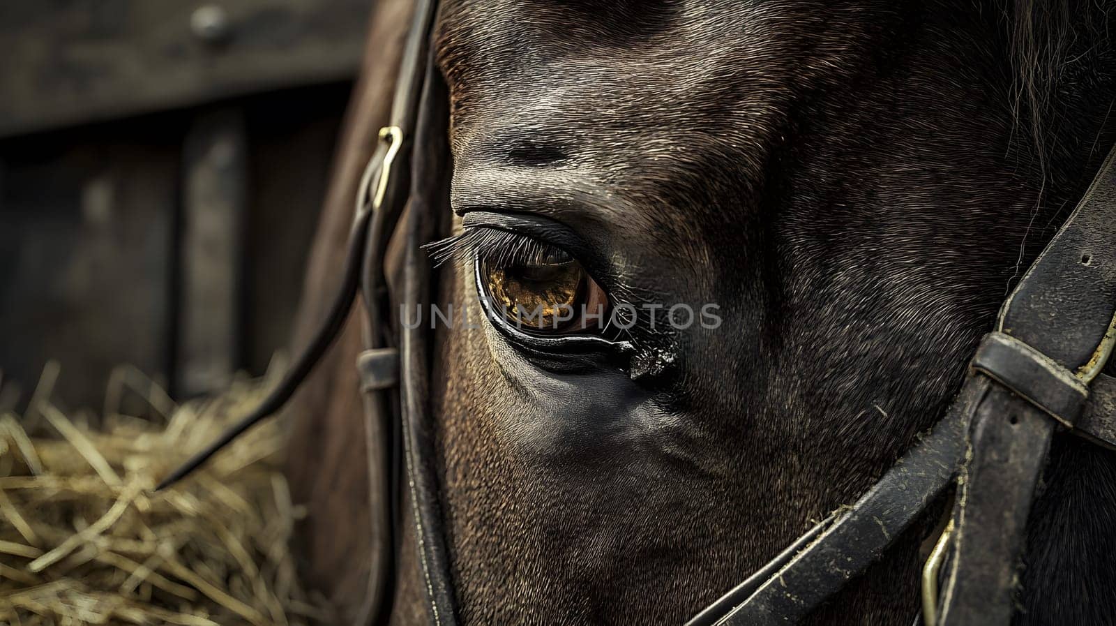 Close-up of a horse's eye with hay in the background.