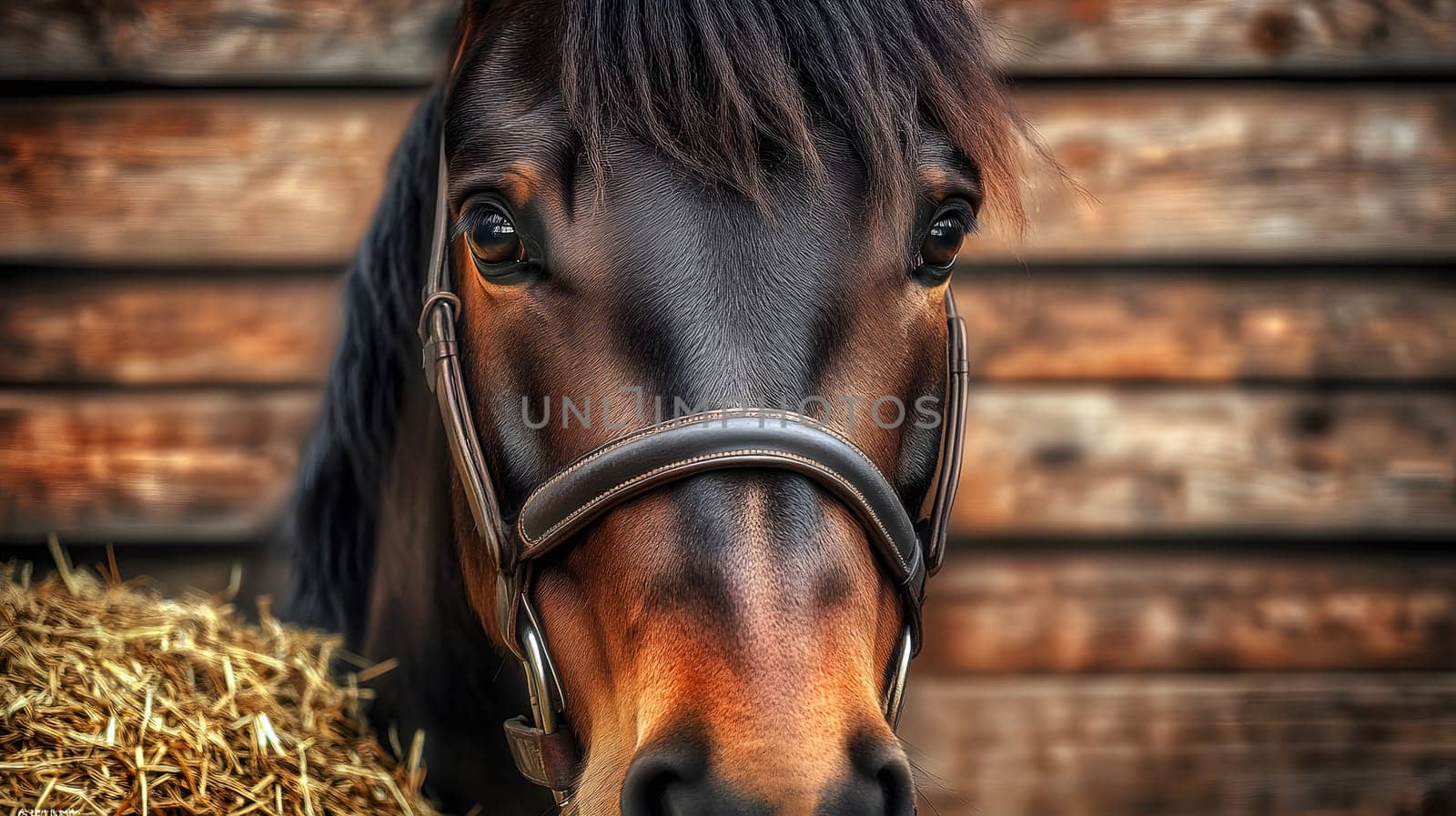 Close-up of a horse's face with a rustic background and hay.
