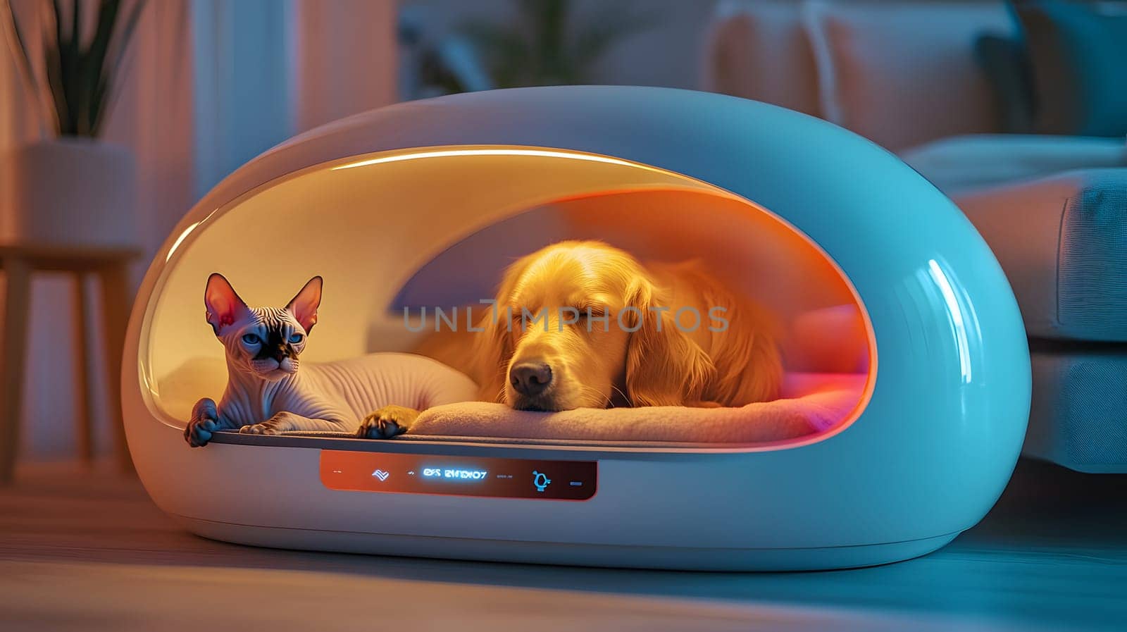 Cozy pet bed with a dog and cat, featuring ambient lighting.