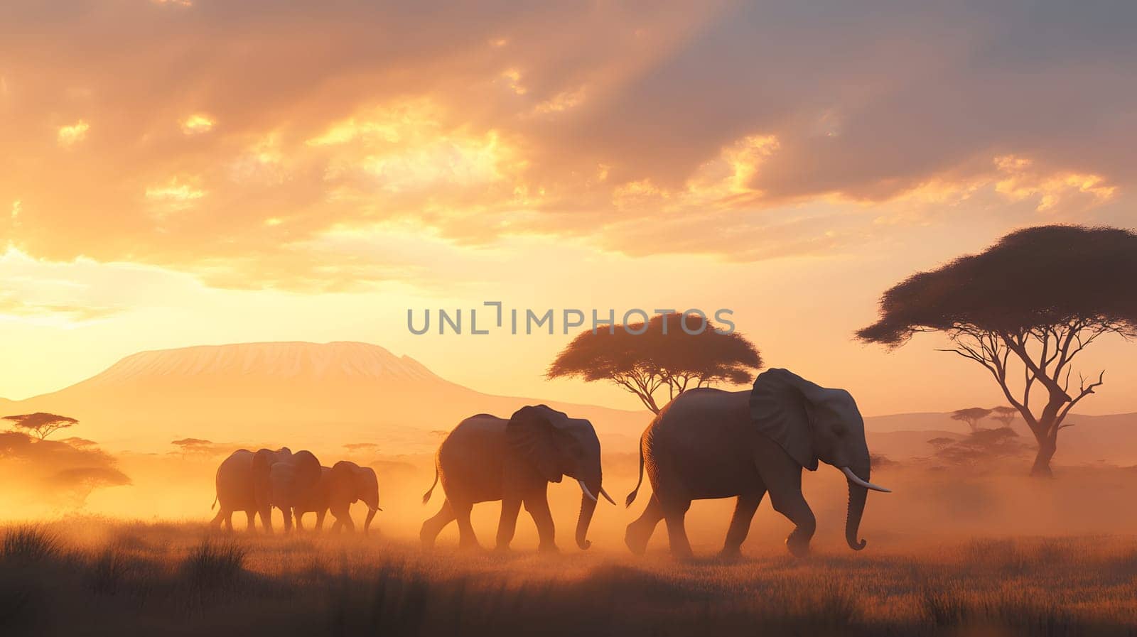 Elephants walking at sunset in a serene landscape.