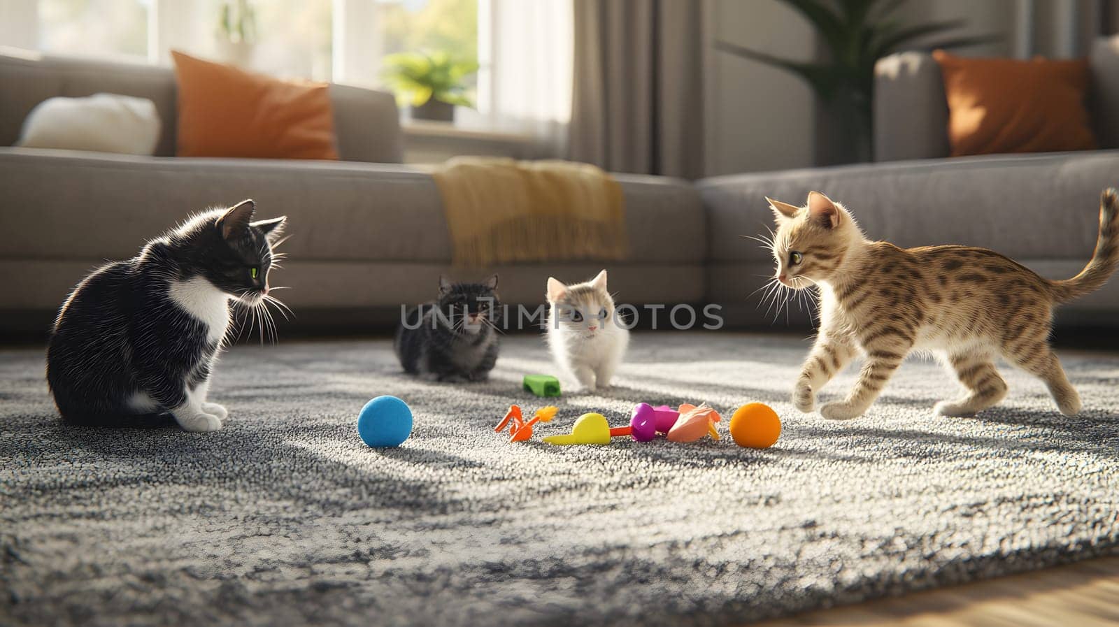 Four playful cats interacting with colorful toys in a cozy living room.