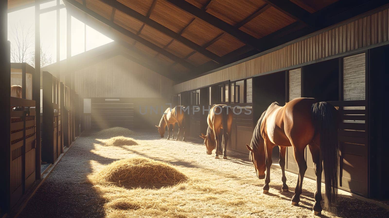 Horses in a stable with sunlight streaming through the roof.