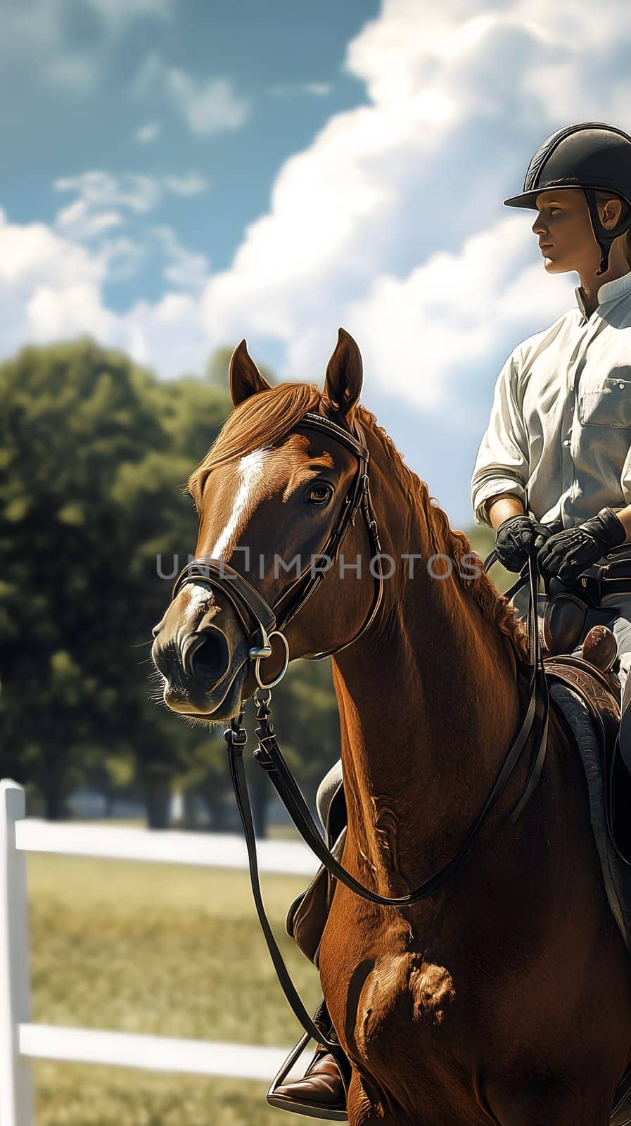A rider on a brown horse in a scenic outdoor setting.