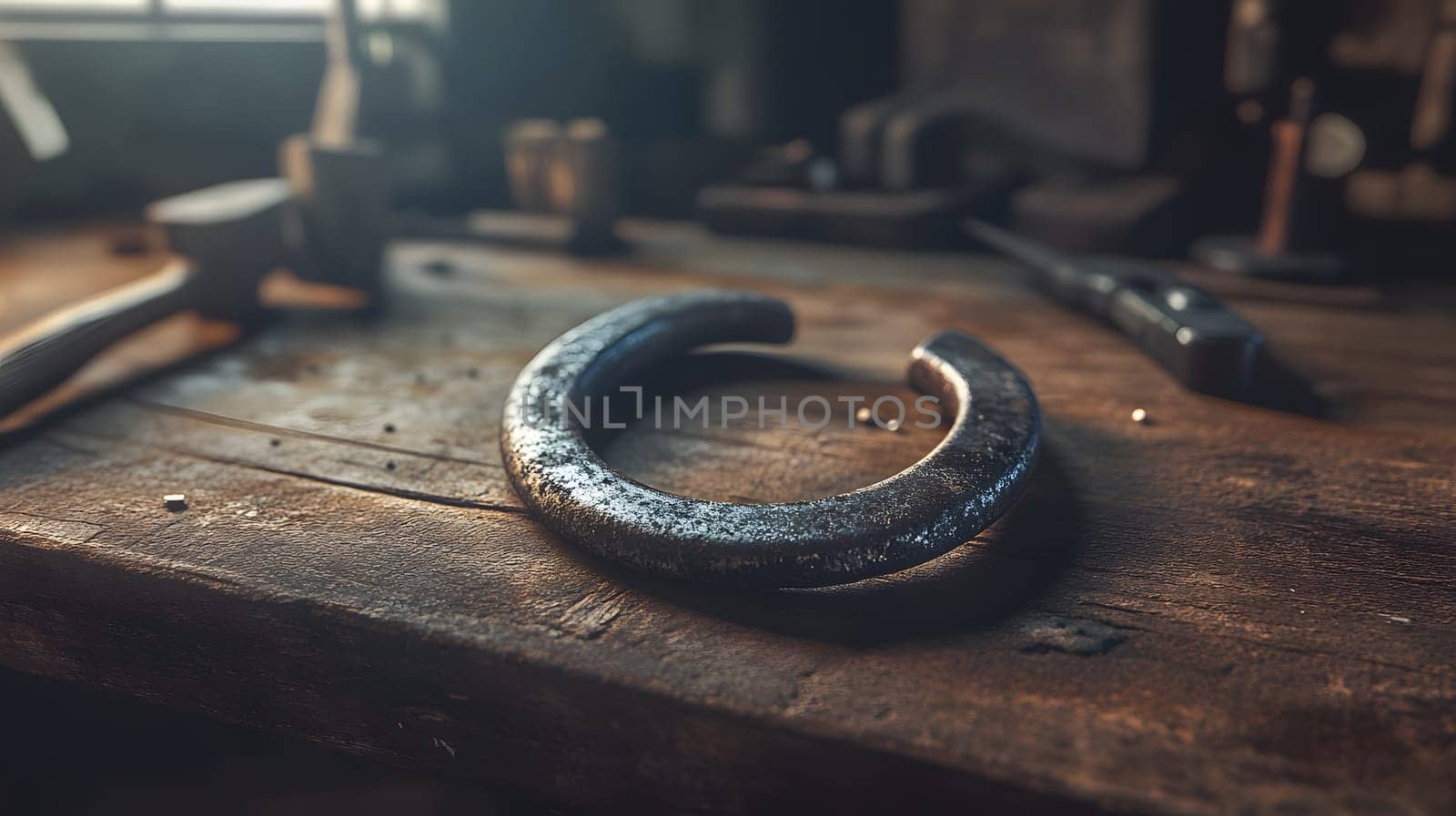 A rustic horseshoe rests on a wooden workbench in a workshop.