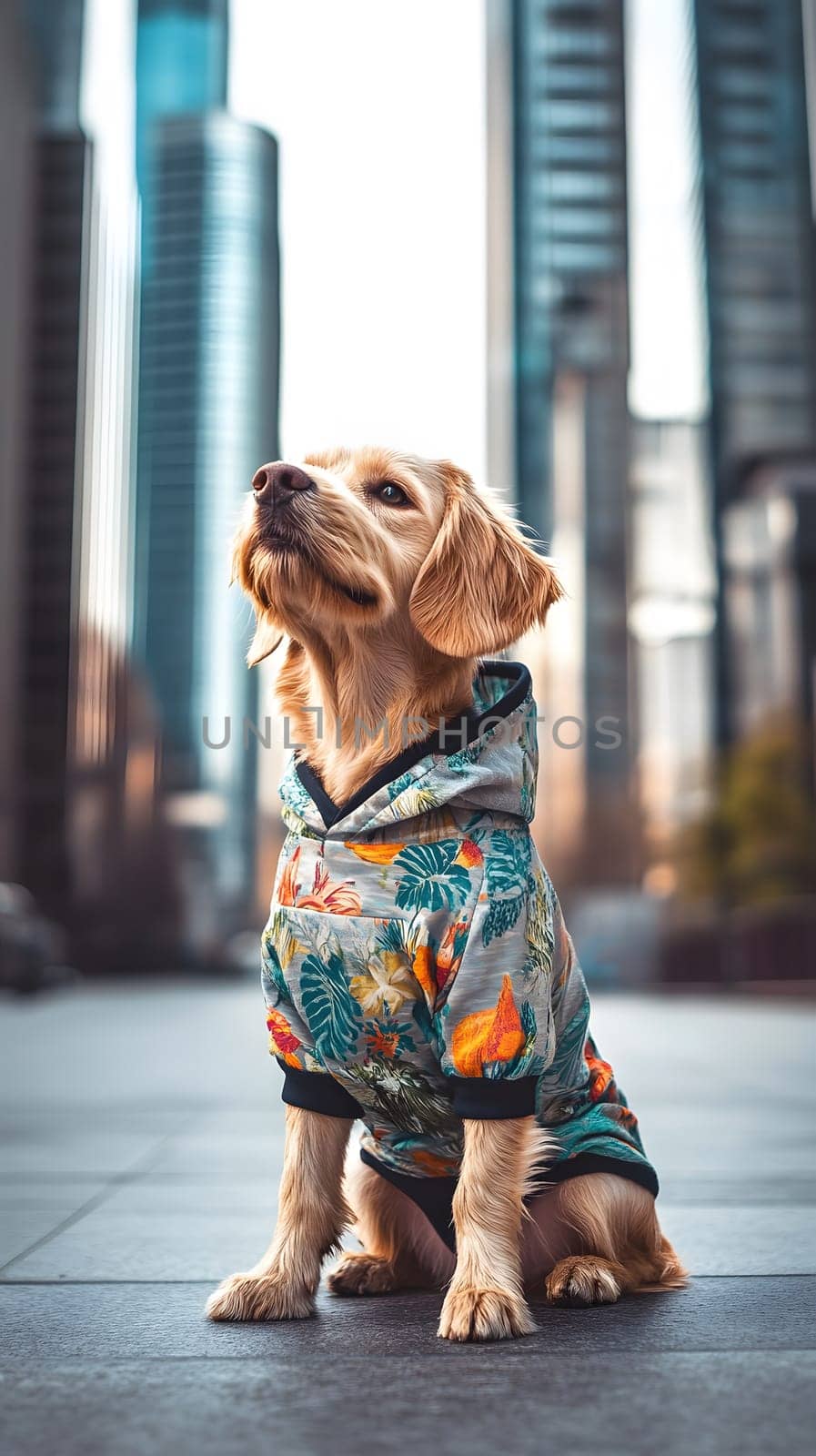 A stylish dog sits in an urban setting, showcasing its outfit.