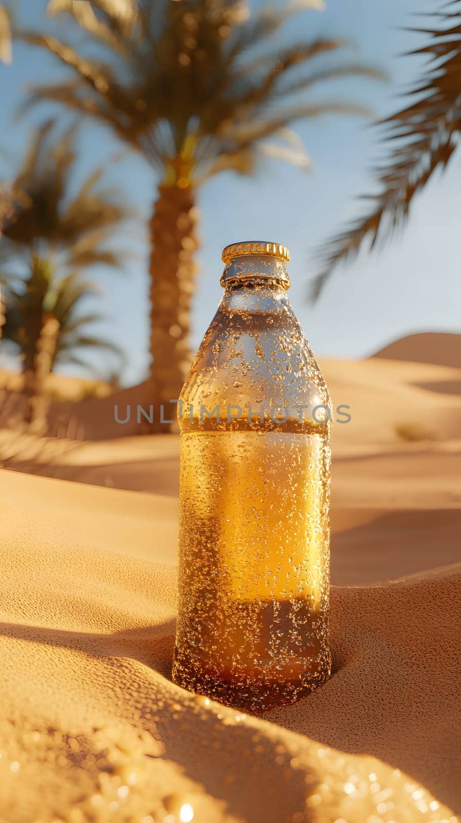 A bottle of fizzy drink resting in desert sand with palm trees.