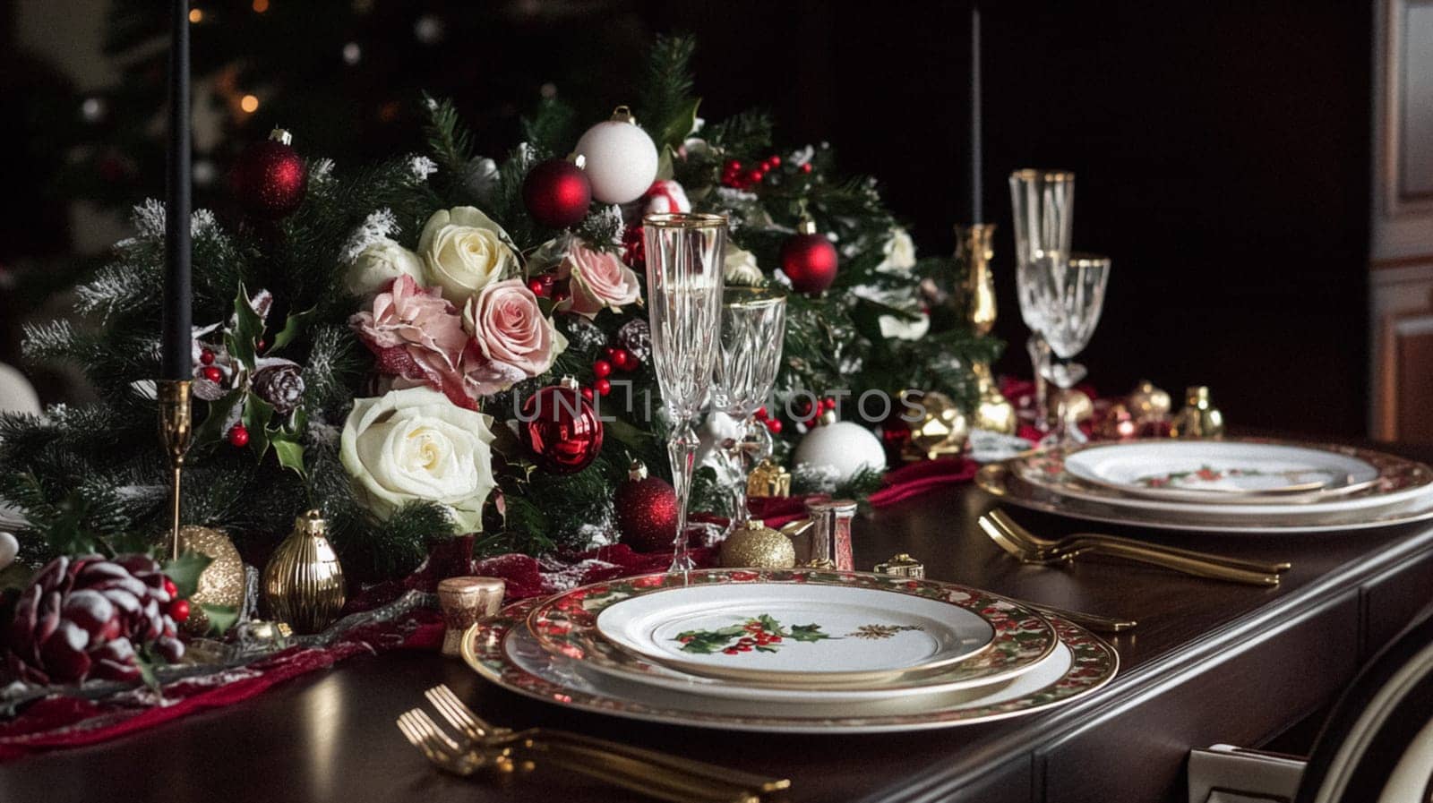 Christmas tablescape decoration, formal family dinner holiday celebration, luxury table setting decor, English country and home style idea
