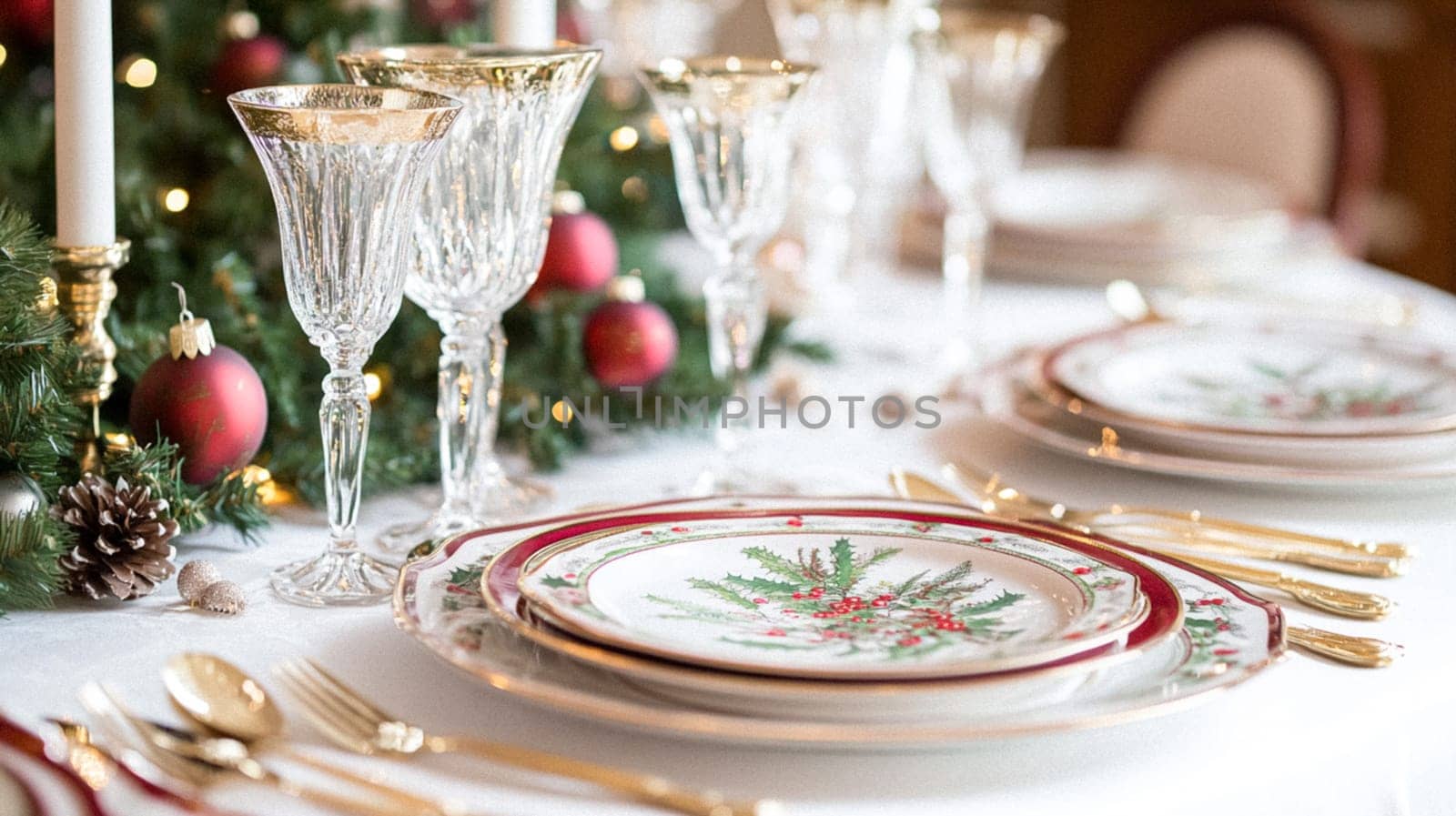 Christmas tablescape decoration, formal family dinner holiday celebration, luxury table setting decor, English country and home style idea