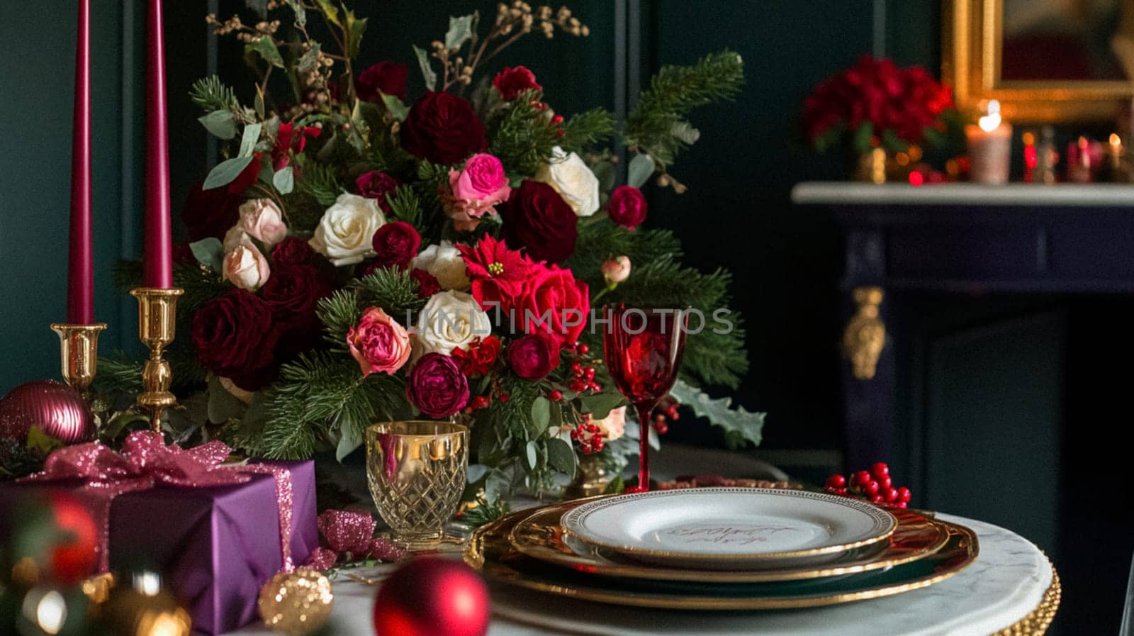 Christmas tablescape decoration, formal family dinner holiday celebration, luxury table setting decor, English country and home style idea