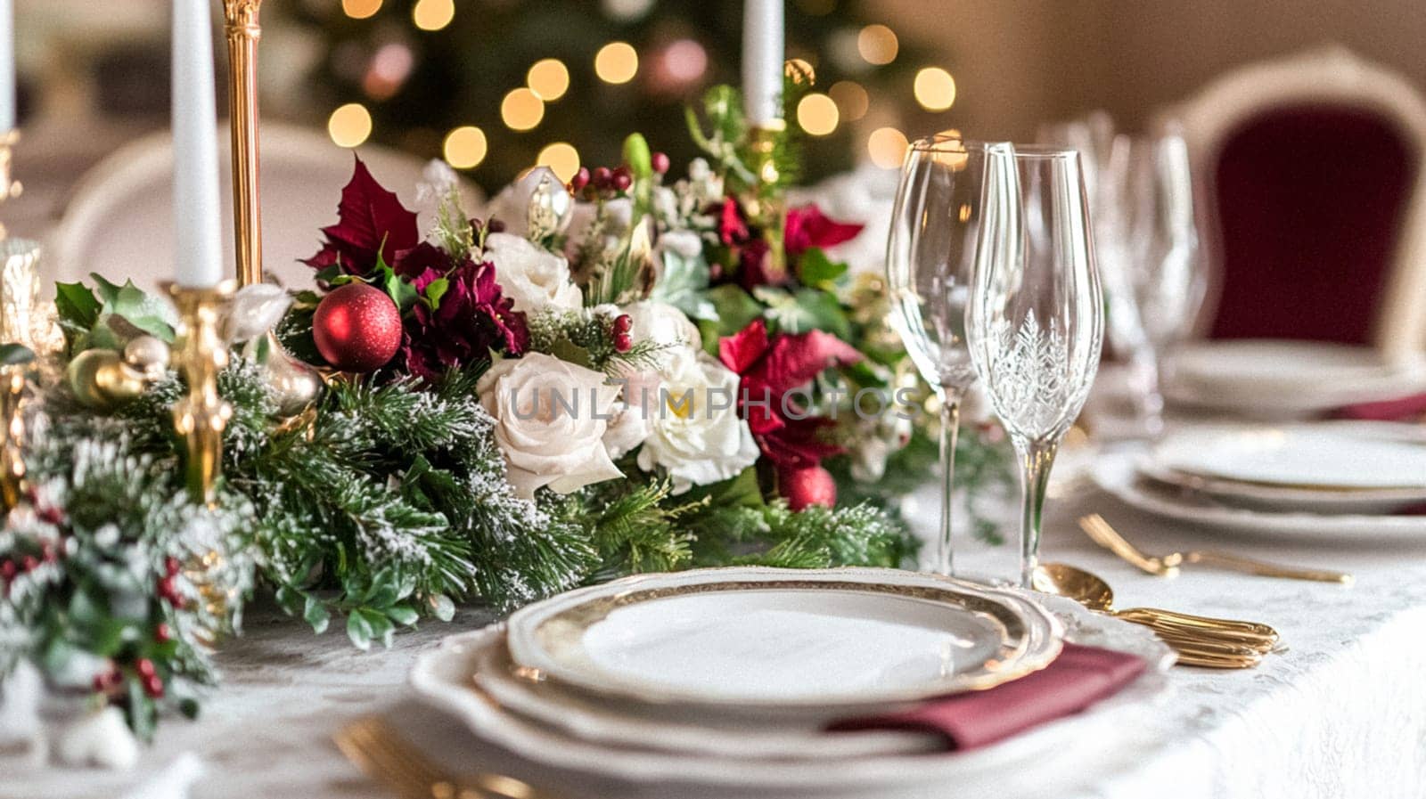 Christmas tablescape decoration, formal family dinner holiday celebration, luxury table setting decor, English country and home style idea