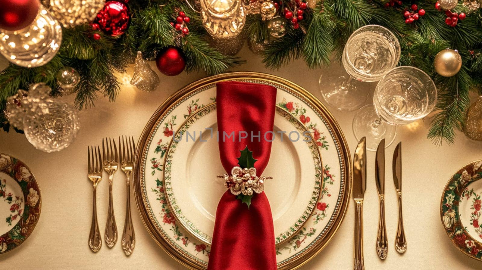 Christmas tablescape decoration, formal family dinner holiday celebration, luxury table setting decor, English country and home style idea
