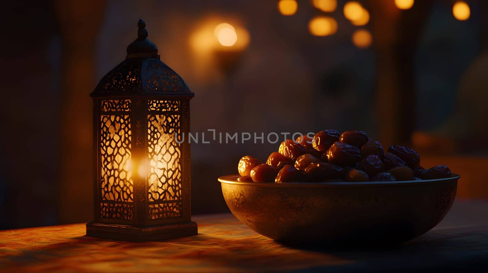 A lantern beside a bowl of dates, creating a warm, inviting atmosphere.