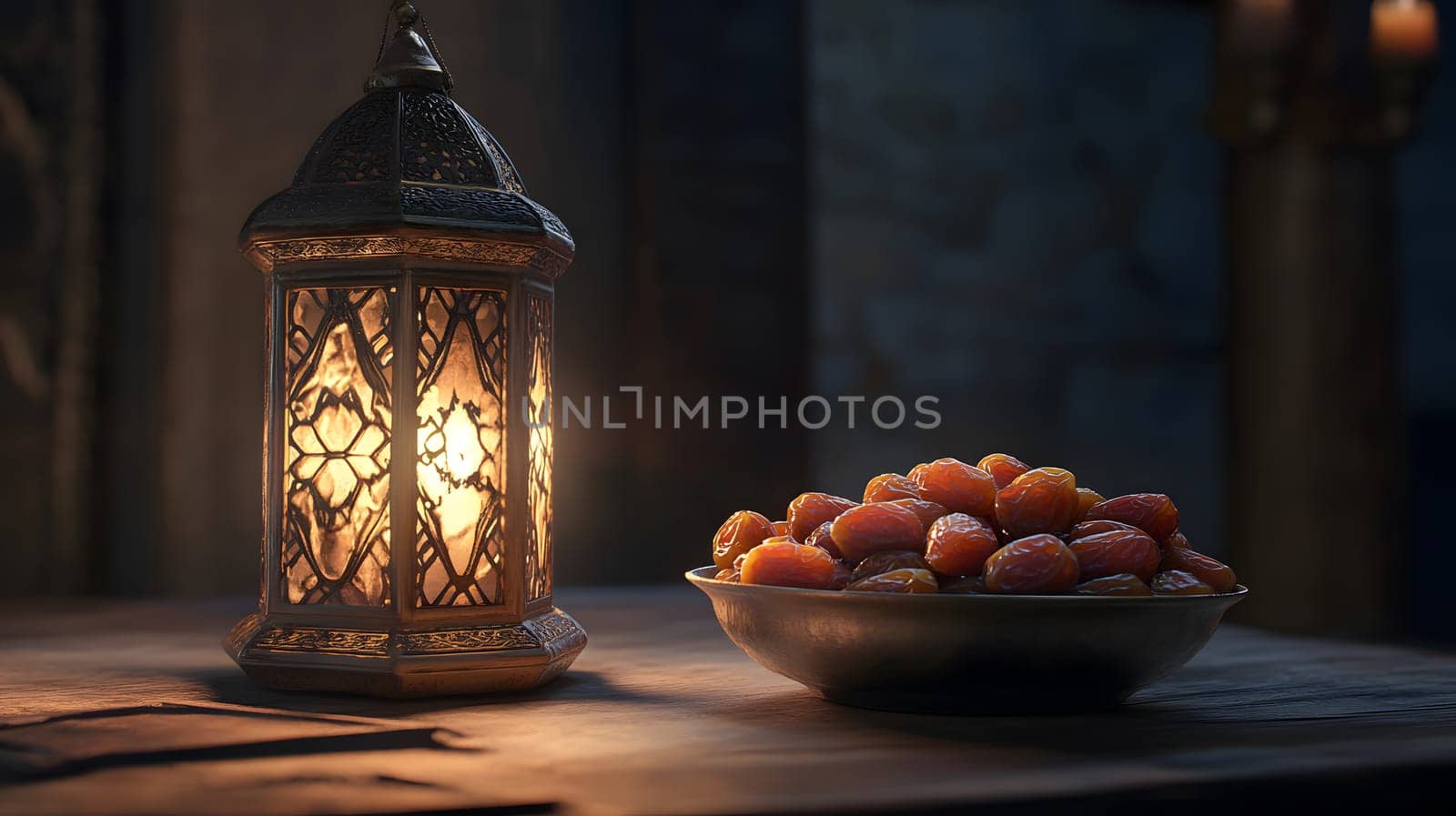 A lantern beside a bowl of vibrant strawberries on a table.