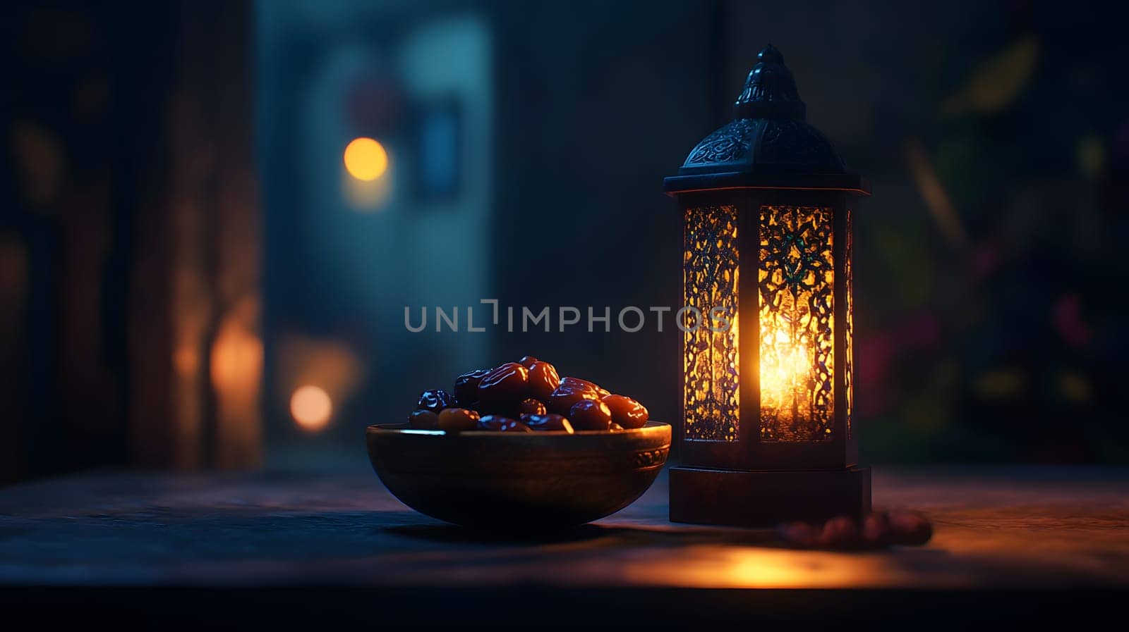A lantern illuminates a bowl of dates, creating a warm, inviting scene.