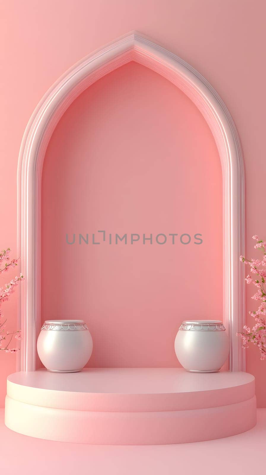 A minimalist pink display with two white pots and floral accents.