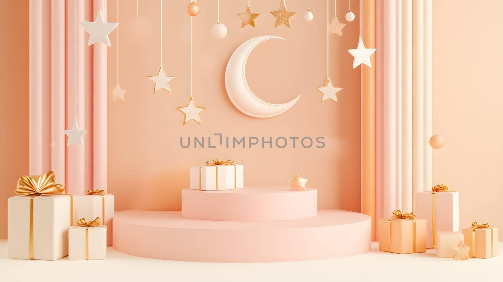 A pastel-themed stage with gifts and decorative elements.