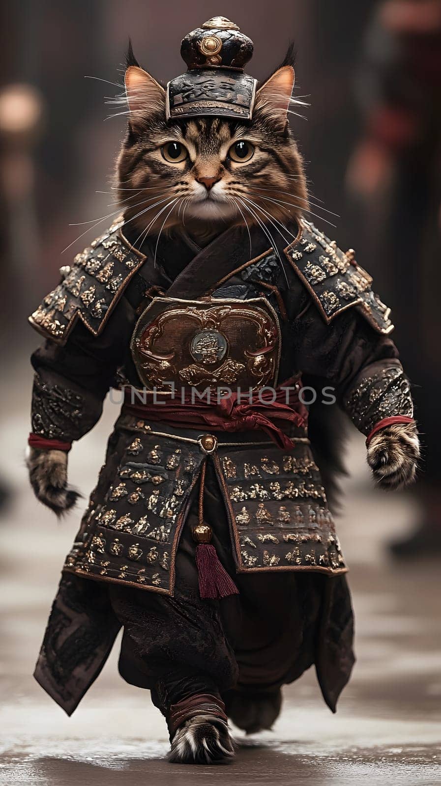 A regal cat dressed in traditional warrior attire, exuding confidence.
