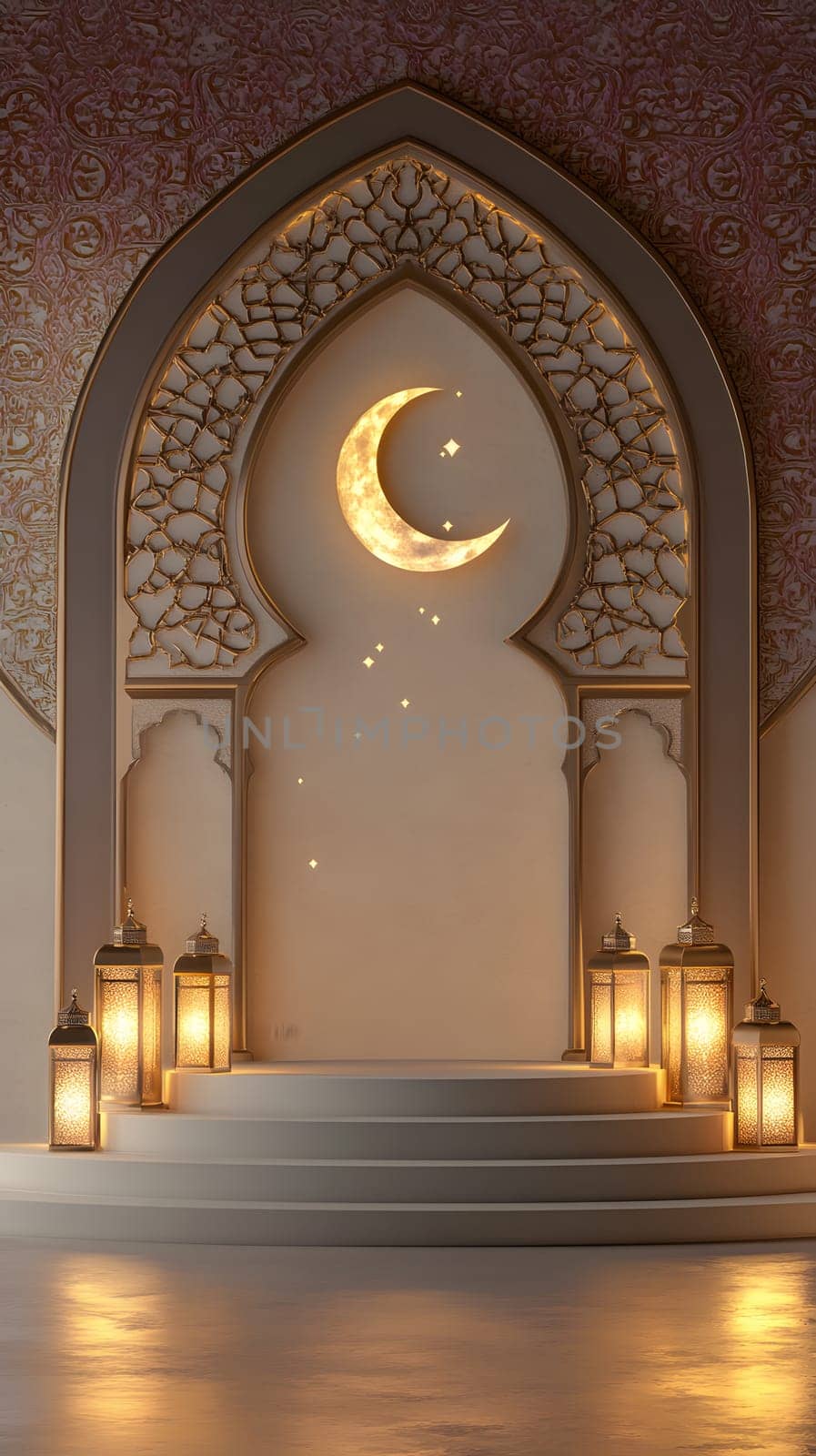 A serene architectural space featuring a crescent moon and lanterns.
