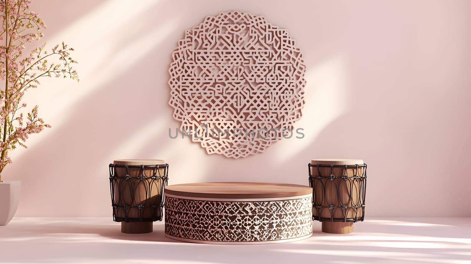 A serene display featuring decorative elements and musical instruments.