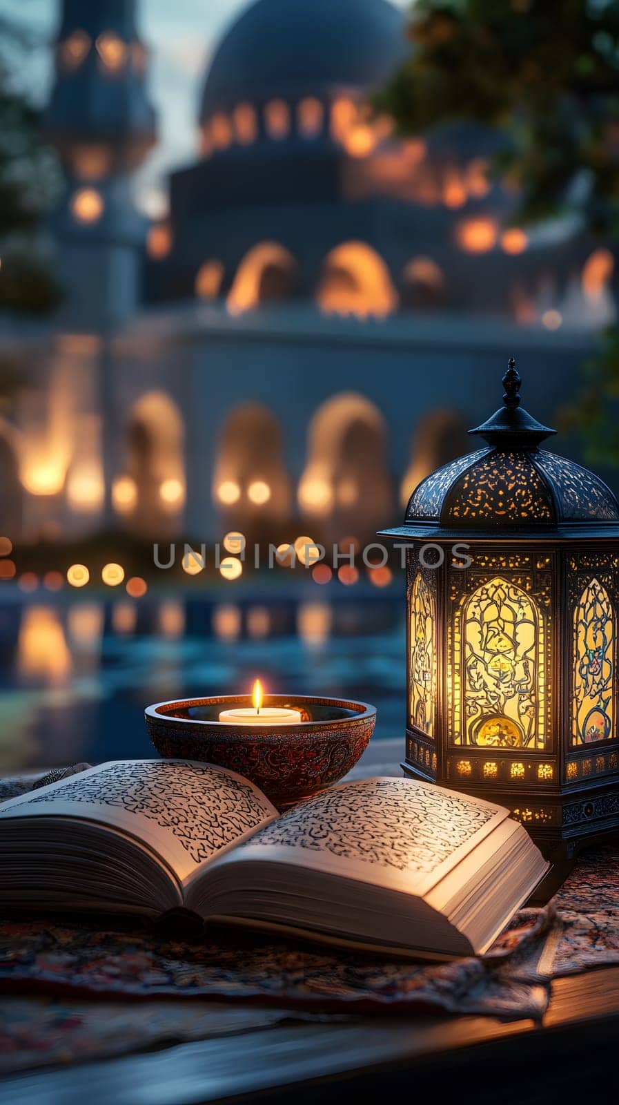A serene evening scene with a lantern, candle, and open book.