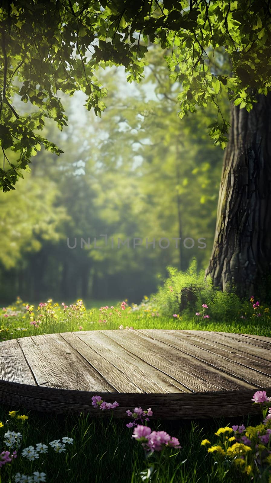A serene forest scene with a wooden platform amidst greenery.