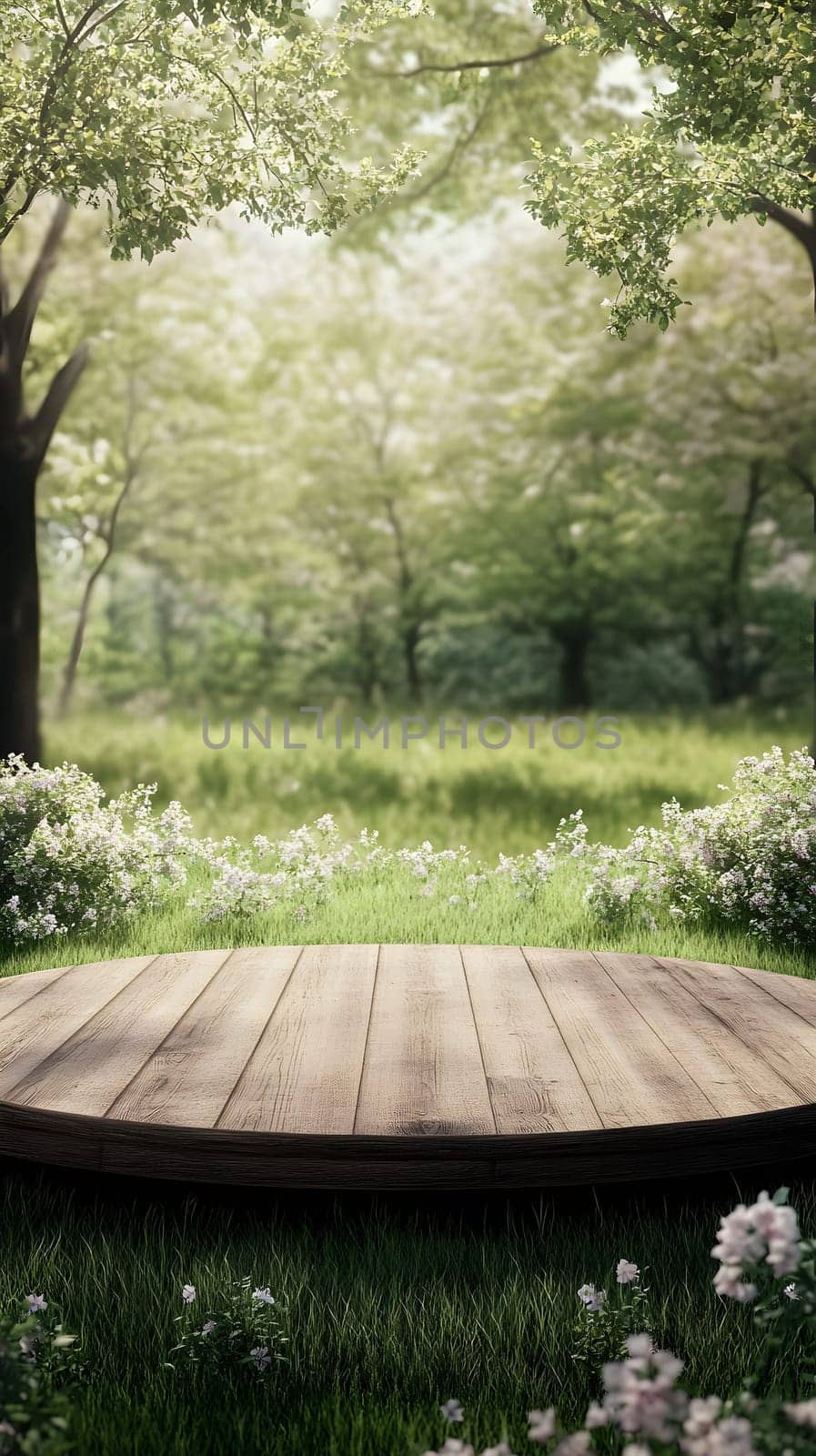 A serene forest scene with a wooden platform surrounded by greenery.