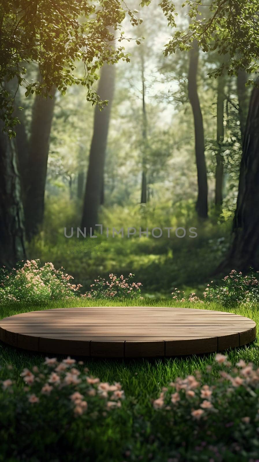 A serene forest scene with a wooden stage surrounded by flowers.