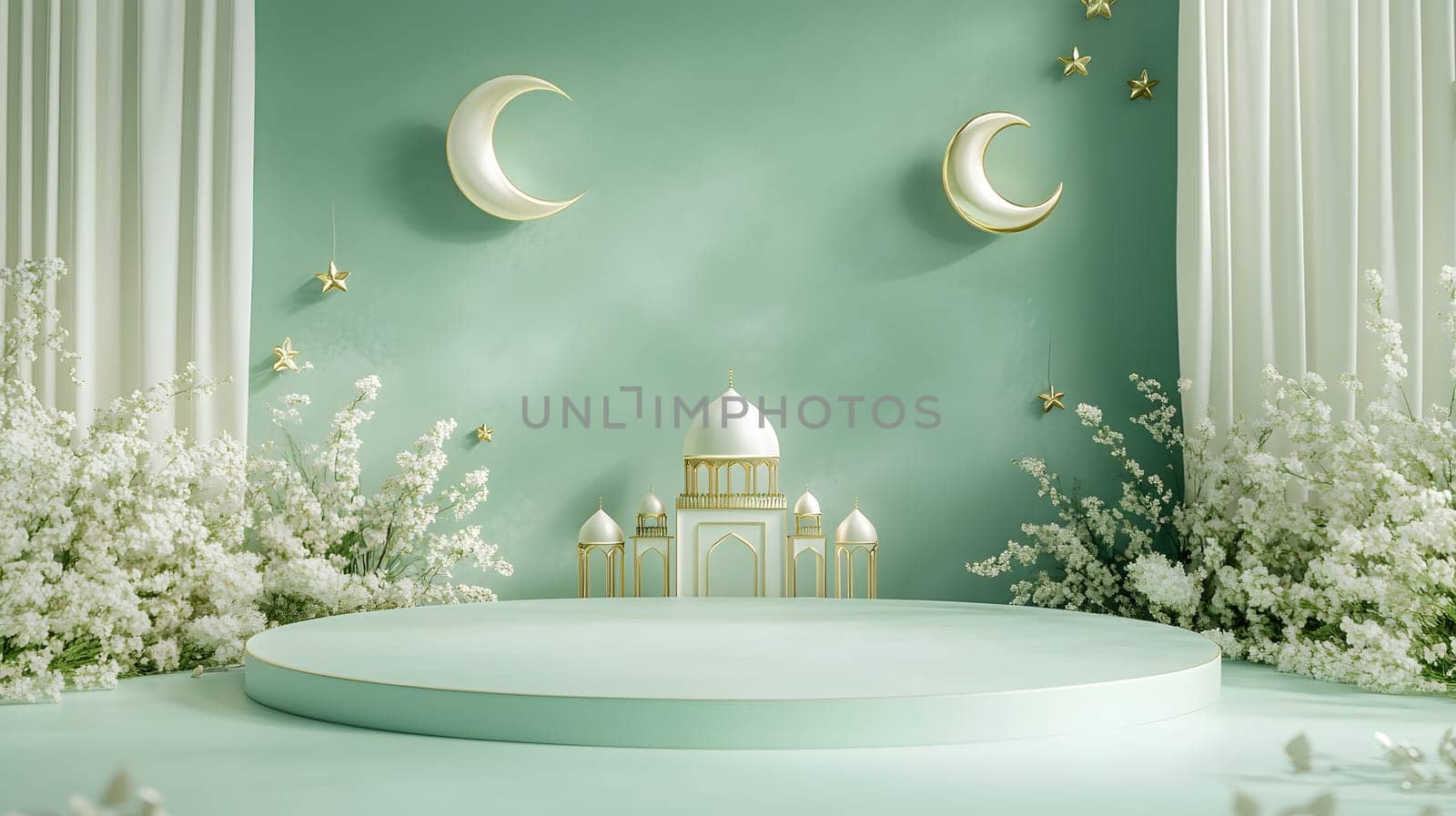 A serene stage with crescent moons and floral decorations.