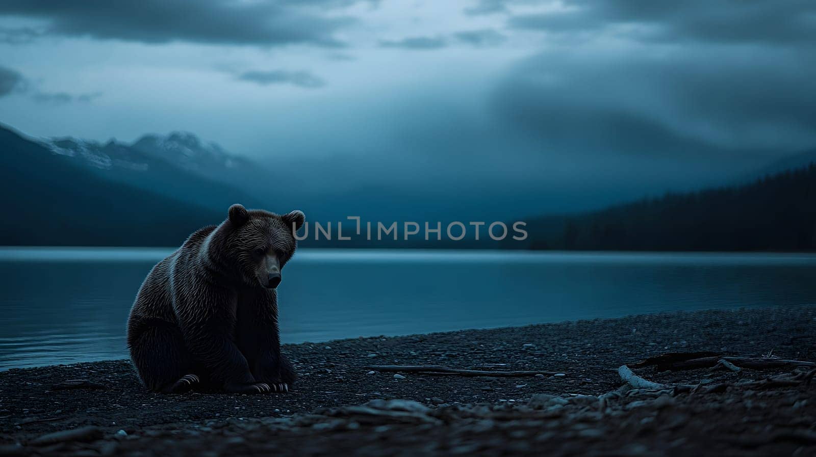 A solitary bear by a tranquil lake under a moody sky.